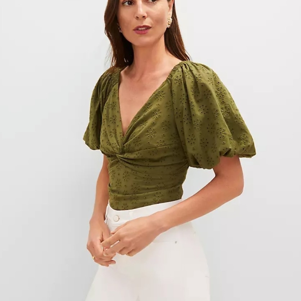 Ann Taylor Olive Eyelet Twist-Front Puff Sleeve Top